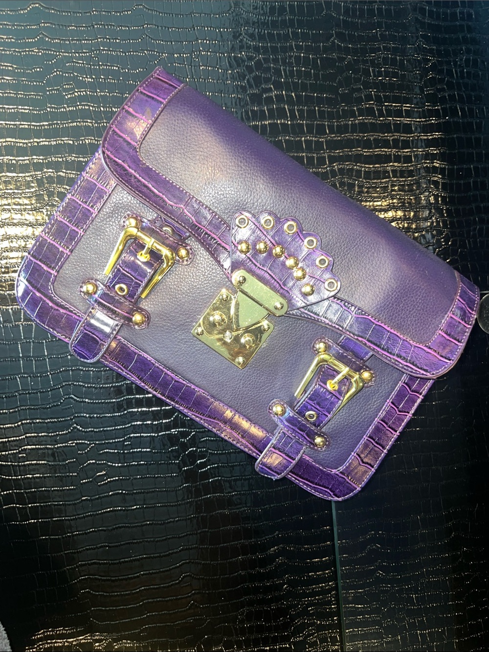 Royal Unicorn!🦄 Deep Imperial Purple Croc-Embossed Statement Satchel with Gold⛓️